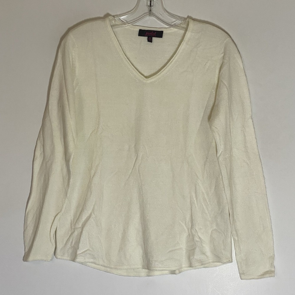 Marled Sweater Womens Medium White V Neck Pullover Stretch Knit Rolled Hem Prep
